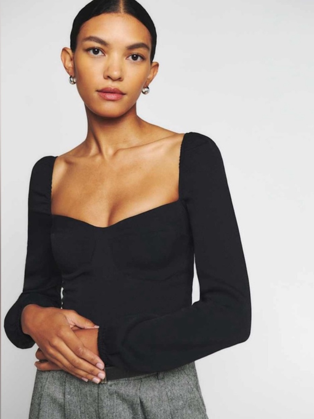 Reformation Black Square-Neck Long Sleeve Crop Top